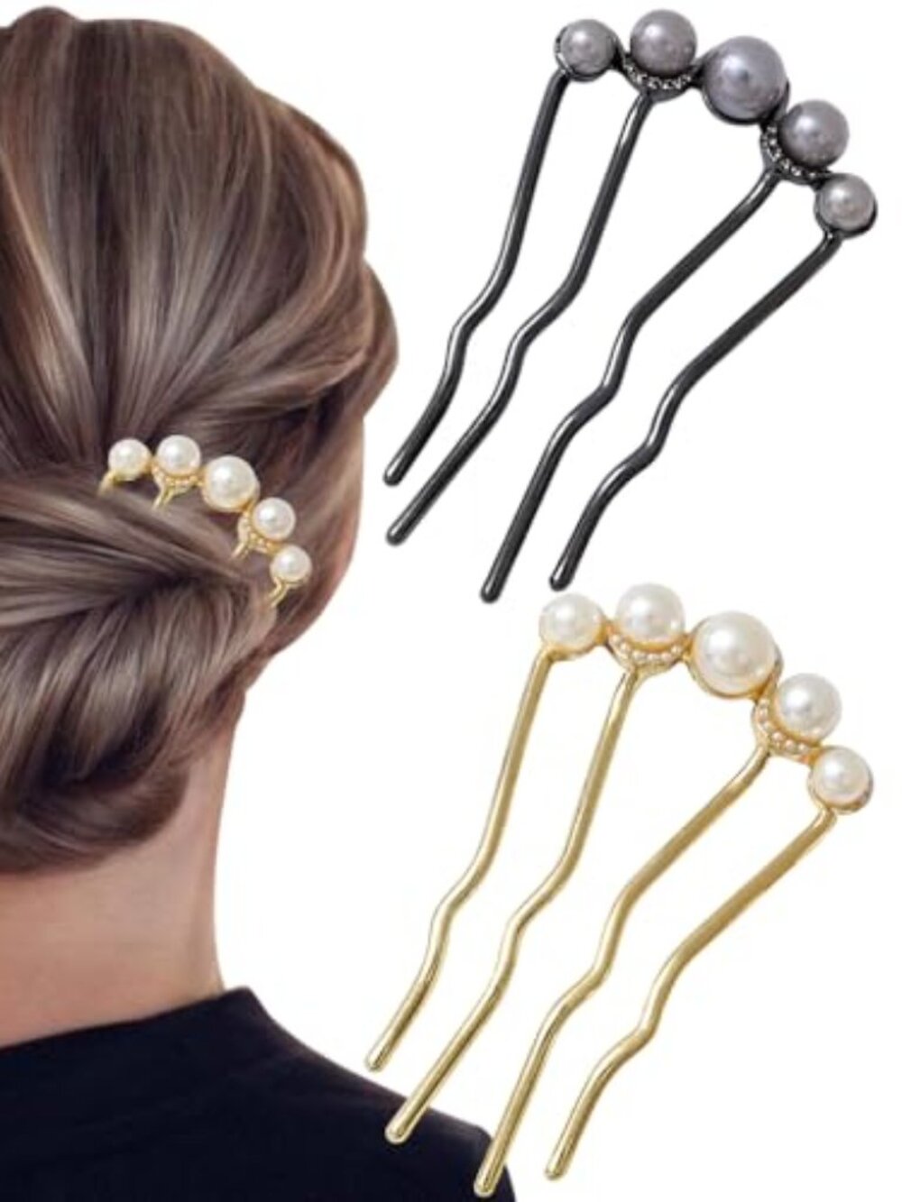 New - 2Pcs Pearl U Shaped Hair Pins Bridal Hair Side Comb Fashion Elegant Metal